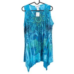 Only 9 Sleeveless Shirt XL Womens NEW VTG Blue Green Handkerchief Hem Tank Top